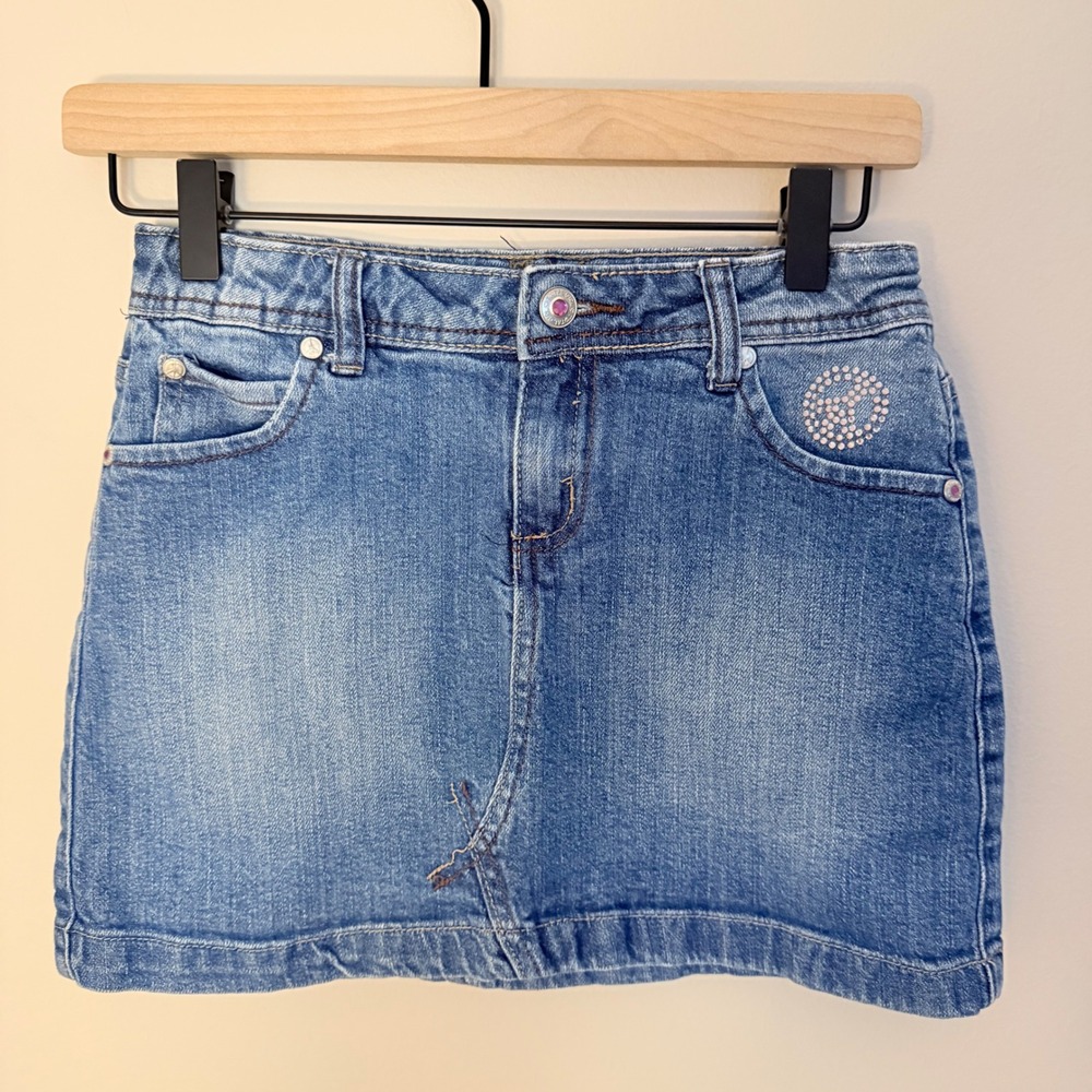 Vintage Y2K Denim Mini Skirt Peace Sign Embellished Pink Jewels All Girl SZ XS - Picture 3 of 8